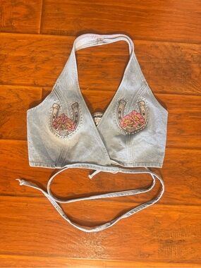 Vintage Light Blue Denim Halter Top with Pink Floral Horseshoe Embroidery